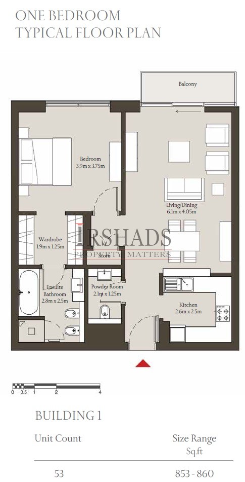 Sobha Hartland - Apartments - 1 Bedroom Unit - Building 1 - Floor Plan - 860 sq. ft.