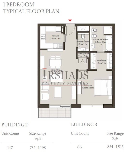 Sobha Hartland - Apartments - 1 Bedroom Unit - Building 3 - Floor Plan - 854 sq. ft.