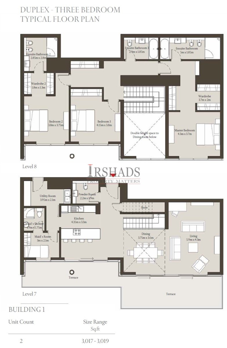 Sobha Hartland - Apartments - 3 Bedroom Duplex Unit - Floor Plan - 3017 sq. ft.