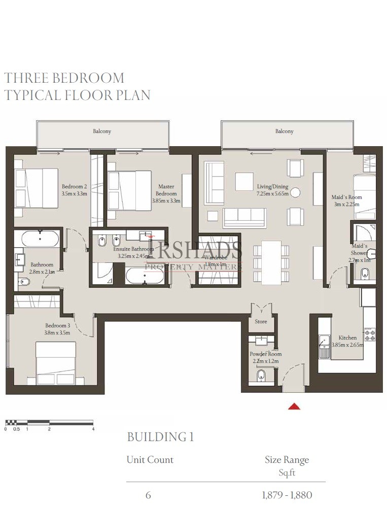 Sobha Hartland - Apartments - 3 Bedroom Unit - Floor Plan - 1880 sq. ft.